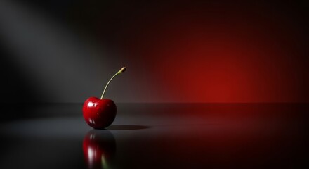 Single ripe cherry with stem casting a dramatic shadow on a reflective surface