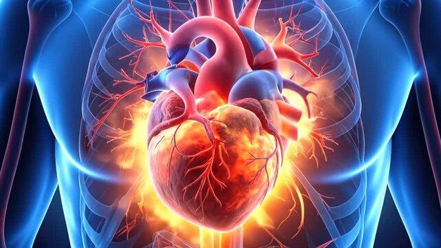 Human heart illustration with glowing effect, showcasing the circulatory system and anatomy.
