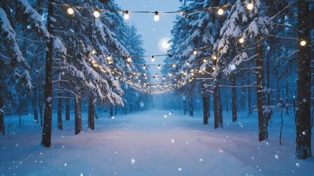 Magical winter forest path lined with snow-covered evergreen trees illuminated by strings of warm glowing lights creating an enchanting tunnel effect.