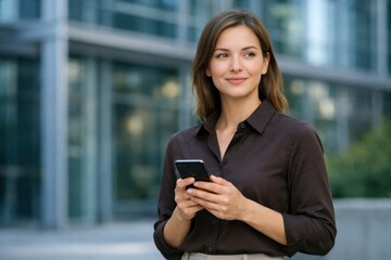 Fototapeta premium Portrait of a smiling professional woman in a dark shirt holding a smartphone and looking away against a blurred modern glass office building backdrop.