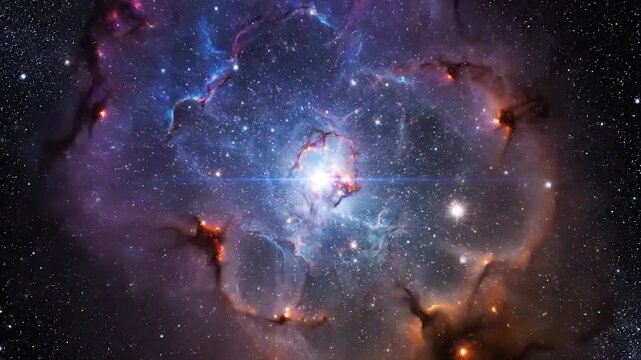 A celestial image showcases a nebula's colorful expanse, interspersed with stellar lights