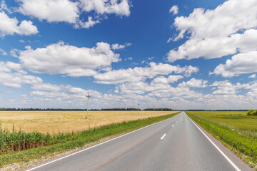 Naklejka premium Endless asphalt road stretching through a summer landscape of green fields under a sunny sky