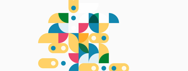 Fototapeta premium Abstract geometric shapes, vibrant colors, modern design. Composition features overlapping circles, arcs, rectangles. Clean aesthetic, simple forms.