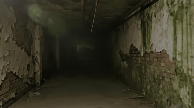 Dimly lit abandoned corridor transitioning into darkness with crumbling walls
