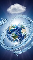 Planet Earth surrounded by swirling water with rain cloud