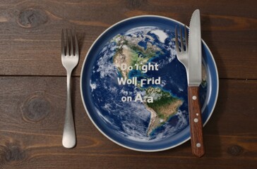 Earth Day Concept: Planet Earth Image on Plate with Knife and Fork on Wooden Table