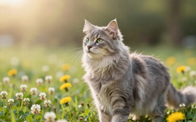 Obraz premium Majestic Gray Cat Prowling in a Lush Meadow Under Warm Sunlight, Pet Portrait
