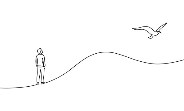 Man looking up at flying bird line art illustration abstract concept design freedom idea