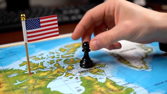Hand moves black chess pawn on map near USA flag showing Greenland and arctic region, strategic global politics and diplomacy concept in motion
