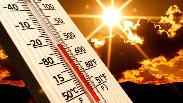 Thermometer showing high temperature against bright sunny sky with clouds and mountains indicating heatwave and summer weather conditions dynamic motion