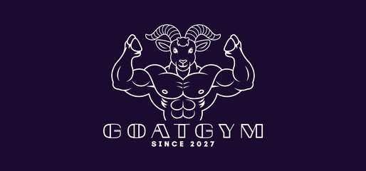 Vector simple graphic logo, emblem. Powerful horned muscular bodybuilder with hooves. Goat gym, since 2027. Logotype strong animal. Dark isolated background.