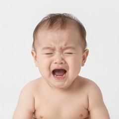 Frustrated Infant Crying Loudly with Eyes Closed, Expressing Discomfort and Seeking Attention on White Background