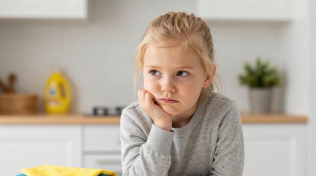 Pensive Little Girl in Kitchen with Bored Expression, Feeling Sad or Disappointed, Leaning on Hand