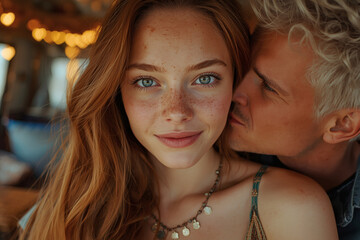 Obraz premium A beautiful young red-haired woman with freckles and her beloved man are traveling inside a motorhome.