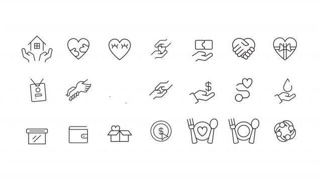 Charity and donation ui icons line animation set. Gathering voluntary donations. Giving support to people in need animated user interface elements isolated on white. Alpha channel HD video