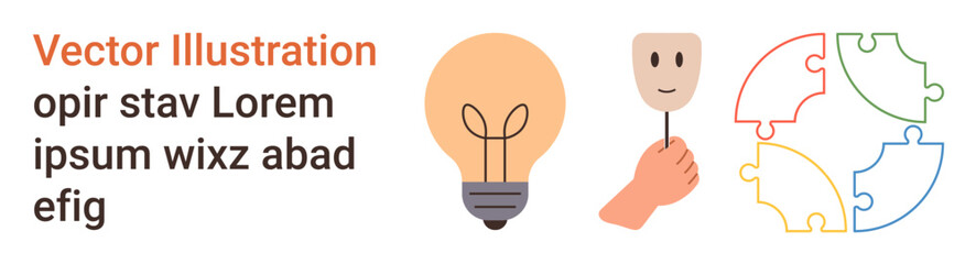 Creativity, problem-solving, personal identity, innovation, psychology, teamwork. Light bulb, a hand holding a mask and puzzle pieces. Creativity and problem-solving concept © robu_s