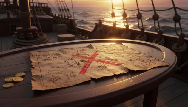 A treasure map with an "X" marks the spot lies on a wooden table aboard a ship, overlooking the ocean at sunset, with gold coins nearby.