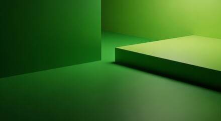 Minimalist green studio with geometric shapes and soft lighting