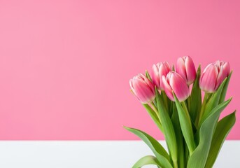 Obraz premium Pink tulips on a pink background with green leaves and white table