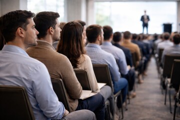 Fototapeta premium Corporate Social Responsibility In Public Business Education Event. A speaker presenting to a large audience, promoting transparency, ethical leadership, and sustainable corporate development.