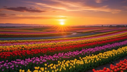 Fototapeta premium A vibrant tulip field at sunset, showcasing a rainbow of colors as the sun sets behind rolling hills, creating a serene and picturesque landscape.
