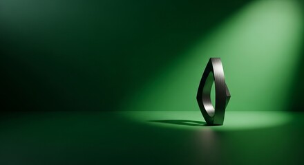 Abstract metallic form illuminated by a dramatic spotlight on a deep green background.