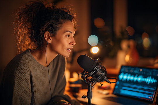 Young podcaster in profile at an over the shoulder closeup &mdash; curly hair in messy bun, gray knit sweater, condenser mic and laptop waveform amid warm bokeh