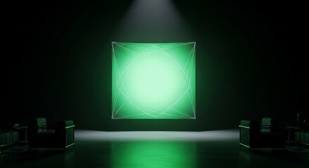 Mysterious glowing green cube illuminates a dark, futuristic room with seating.