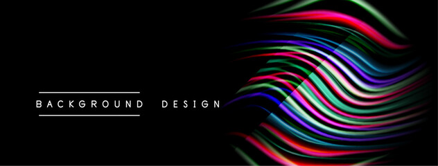 Fototapeta premium Abstract vibrant lines form wave pattern. Dark background contrasts colorful design elements. Modern aesthetic, simple text labels present.