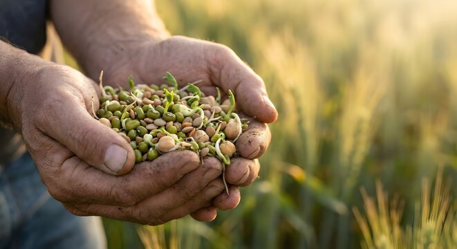 Farmer Hands Holding Organic Sprouted Beans Harvest Concept for World Pulses Day Agriculture