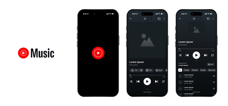 YouTube Music streaming service mockup with playlist layout, album artwork, and playback controls. Vector illustration of digital music platform user interface for modern audio.