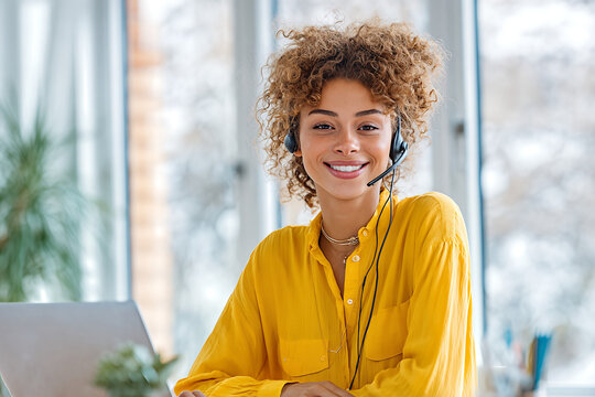 Mixed - race customer support agent smiling with curly hair and headset, wearing mustard - yellow blouse and layered gold necklaces in bright windowed home office