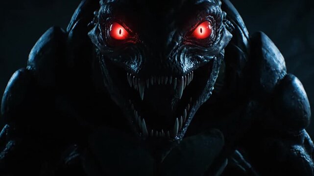 Menacing Alien Monster Creature with Glowing Red Eyes Emerges from Darkness
