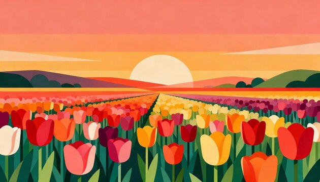 A vibrant field of tulips in various colors stretches toward a setting sun, creating a serene and picturesque landscape.