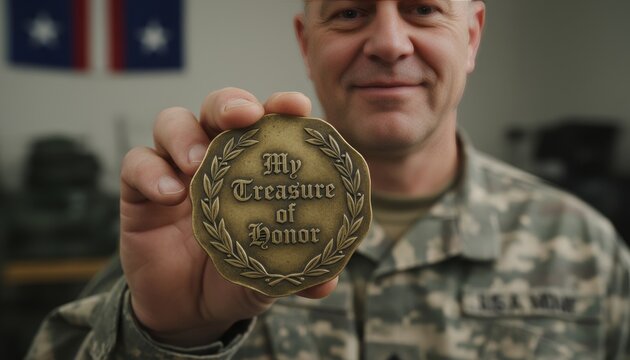 A soldier proudly displays a medal inscribed with "My Treasure of Honor," symbolizing achievement and dedication.
