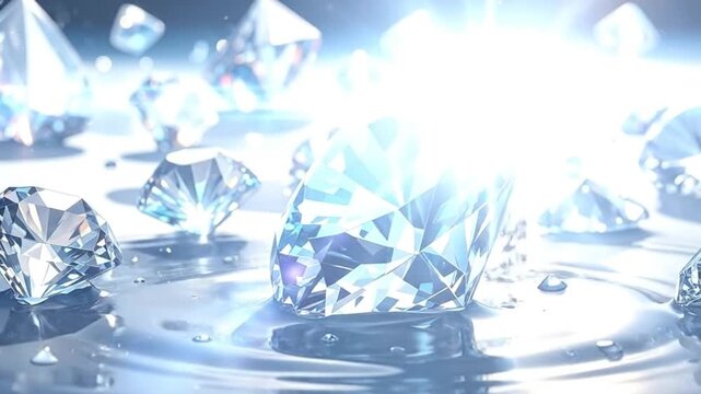 Brilliant cut diamonds scattered on a reflective surface, sparkling with light and clarity.