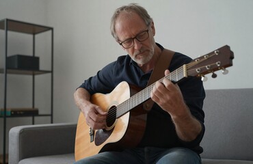 Obraz premium Focused mature man playing an acoustic guitar while sitting comfortably on a couch, enjoying a musical hobby at home.