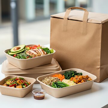 Healthy meal prep containers with brown paper bag