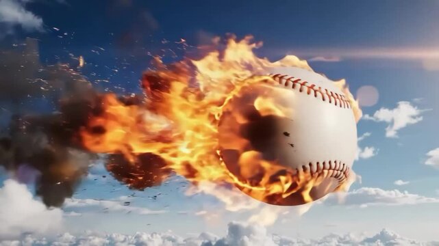 Flaming baseball flying through a cloudy sky