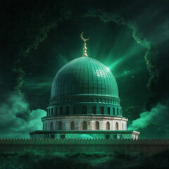Obraz premium Mystical Green Dome Islamic Sanctuary Under Ethereal Skies