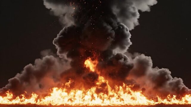 An ominous explosion with vibrant flames engulfing the bottom, dark smoke billowing upwards