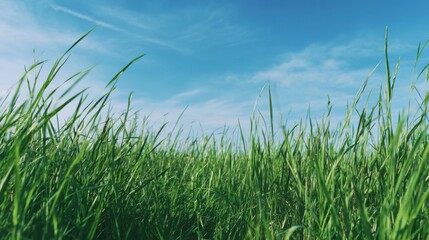 Obraz premium Vibrant green grass under clear blue sky in sunny field.