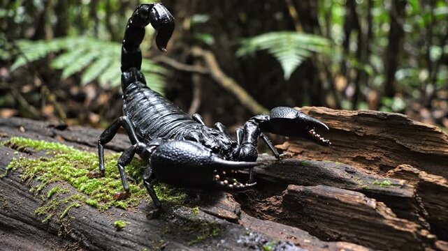 A close-up of a black scorpion on a moss-covered log in a blurred, green forest