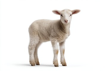 Obraz premium Cute fluffy lamb standing on white background
