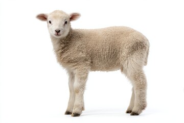 Fototapeta premium Adorable young lamb standing on white background