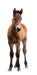 Obraz premium Young chestnut foal standing on white background with curious expression