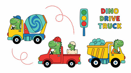 Fototapeta premium Adorable Cartoon Dinosaurs Driving Construction Trucks: Cement Mixer, Dump Truck, and Pickup Vehicle Set