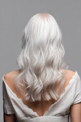 Naklejka premium Female with long white hair from back view in elegant white dress