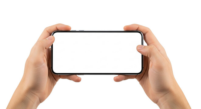 Hands Holding Horizontal Smartphone With Blank White Screen