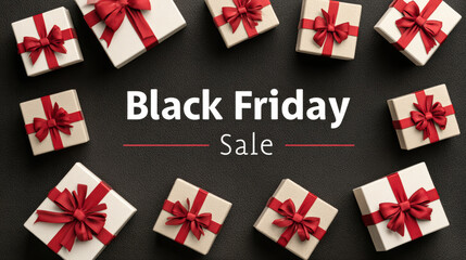 Fototapeta premium Black Friday sale features a minimalist banner with the text at the top. Below are various gift boxes with bows arranged in a flat design style